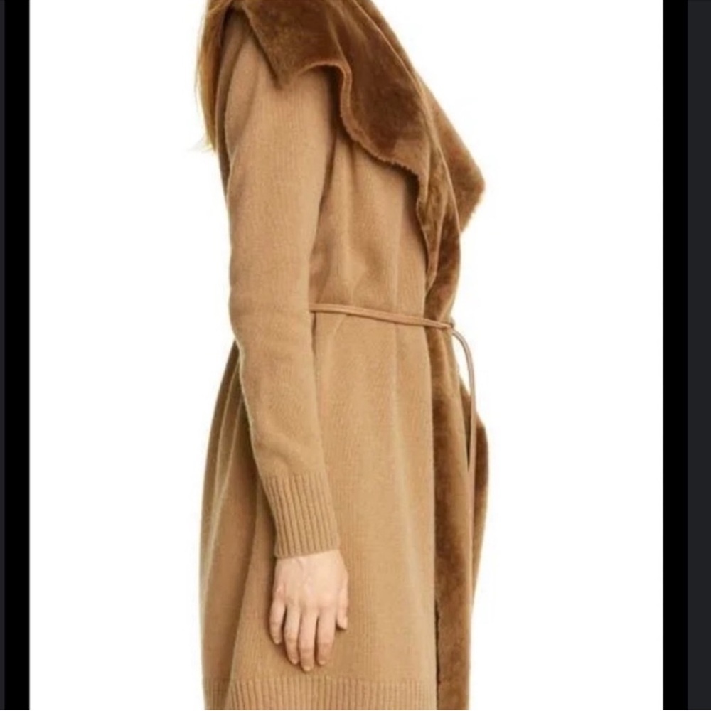 Stylish Tan Long Cardigan with  Real Fur Collar